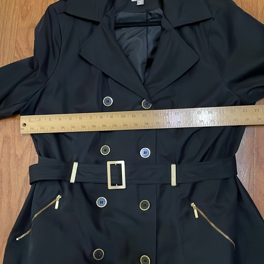 Roz & Ali Woman Size 1X Black Gold Accents Trench coat pockets hood Belted - Picture 12 of 14